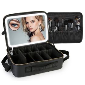 Travel Makeup Bag with LED Mirror Makeup Case Organizer with 3 Light Colors Adjustable Dividers Brush Holder Magnifying Mirror Shoulder Strap Luggage (Option: MakeupBagLBlack)