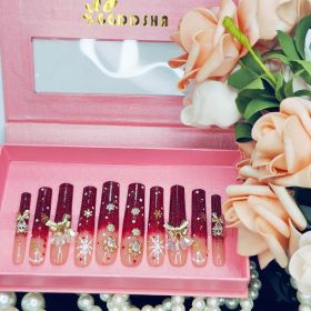 GGddsha Long Handmade PMMA Acrylic Nails Red WithSnowflake Rhinestone Bell Design Reusable Full CoverageFalse Nail Ladies False Nail Set,Lumiere (Option: M)